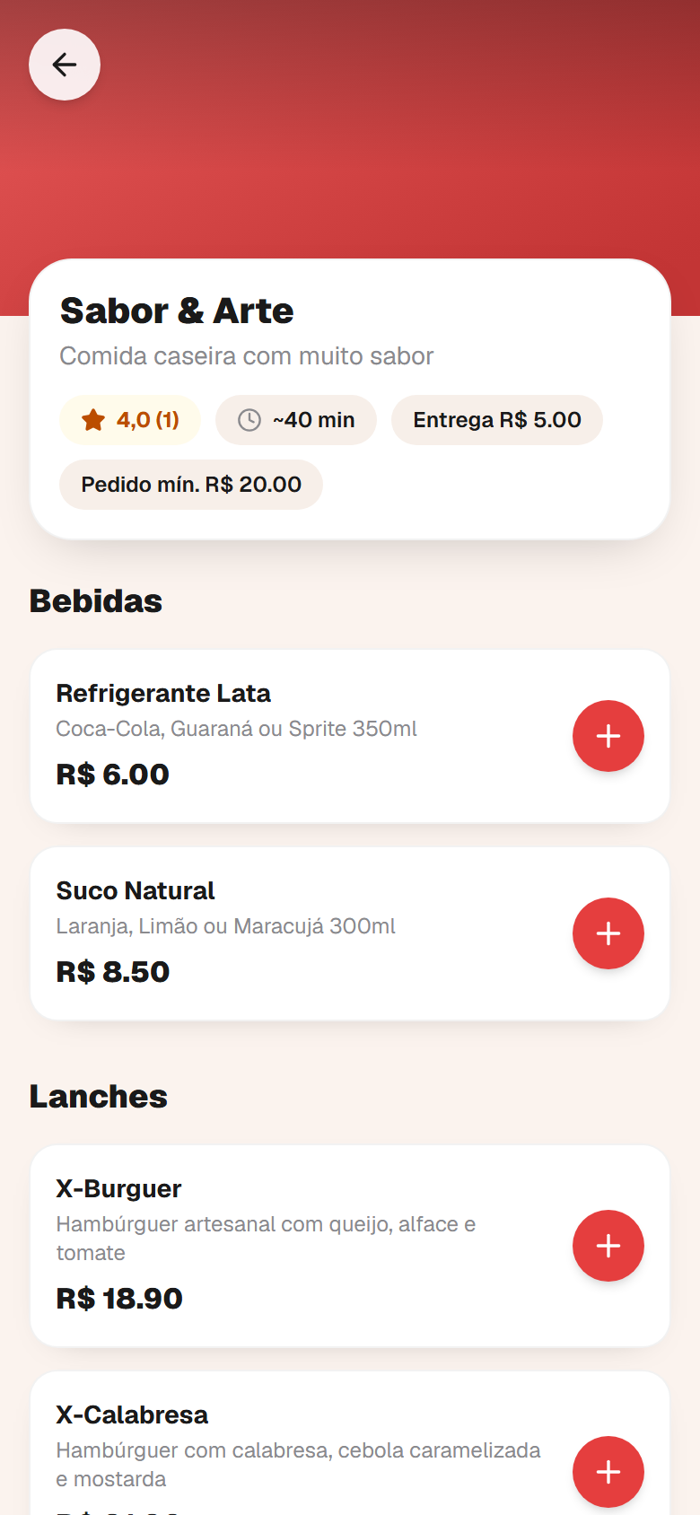Cardápio da loja