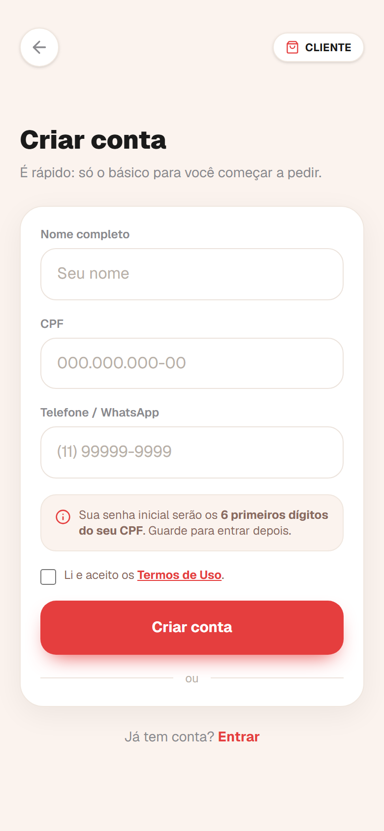 Cadastro do cliente